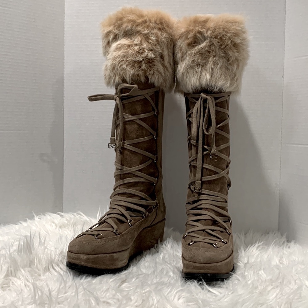STUART Weitzman Brown Suede Lace-Up Fur Boots Wedge/Platform Heels